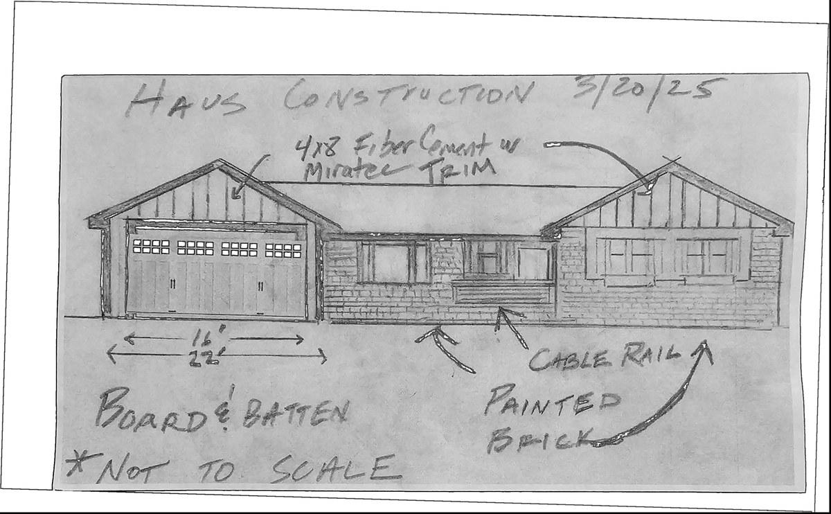 Hand-drawn Haus Construction design-build elevation sketch noting board-and-batten, 4x8 fiber cement with Miratec trim, painted brick and cable rail