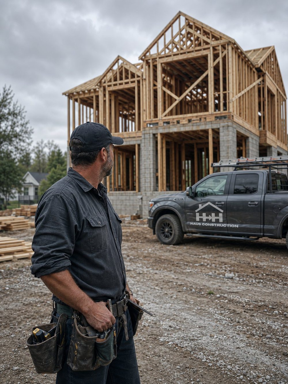 Haus Construction truck, fresh lumber and a tool belt at an active framing job site