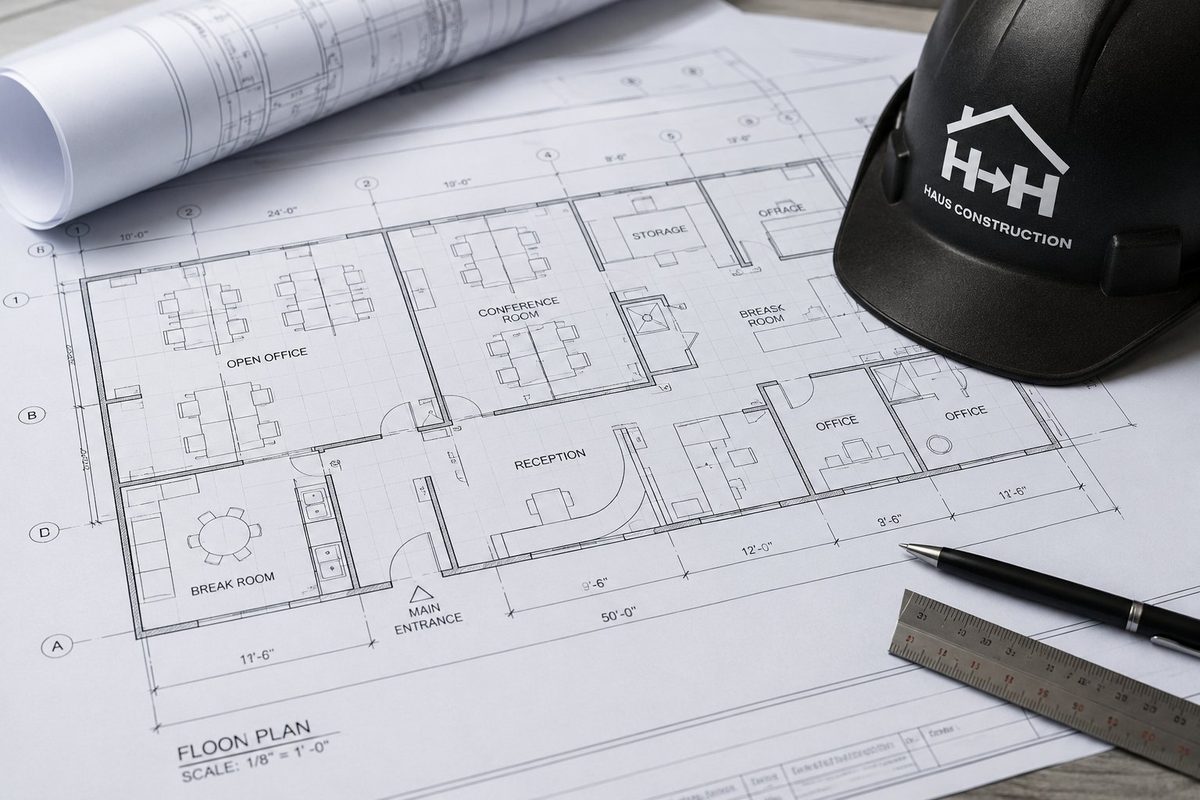 Office floor plan with a Haus Construction hard hat, ruler and pen — commercial build-out planning