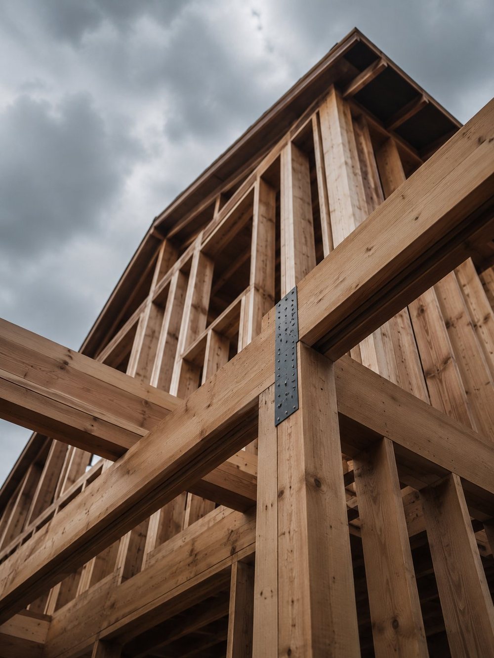 Low-angle view of solid wood framing with a steel connector plate against an overcast sky — built to last