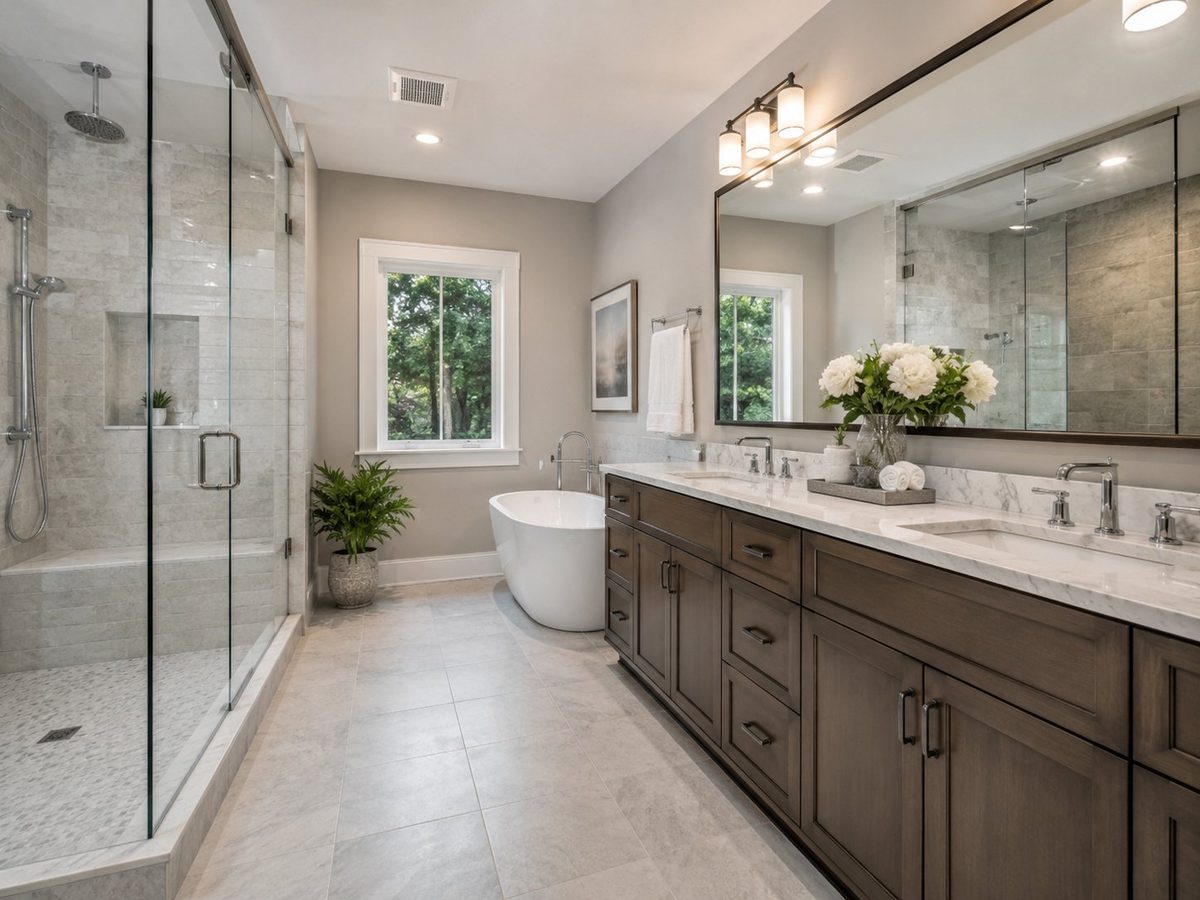 Remodeled primary bathroom with a glass shower, freestanding soaking tub and double vanity