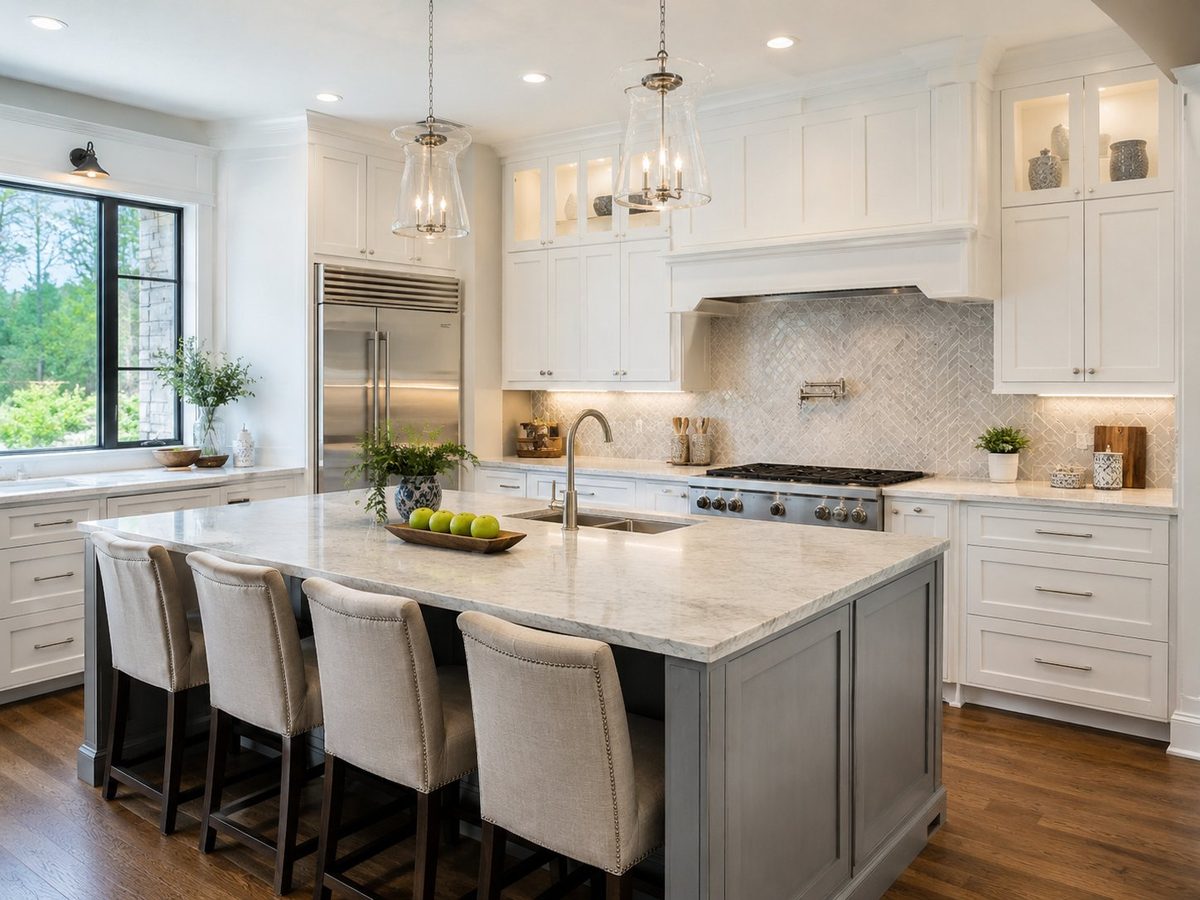 Remodeled kitchen with a large marble island, white cabinetry and stainless appliances
